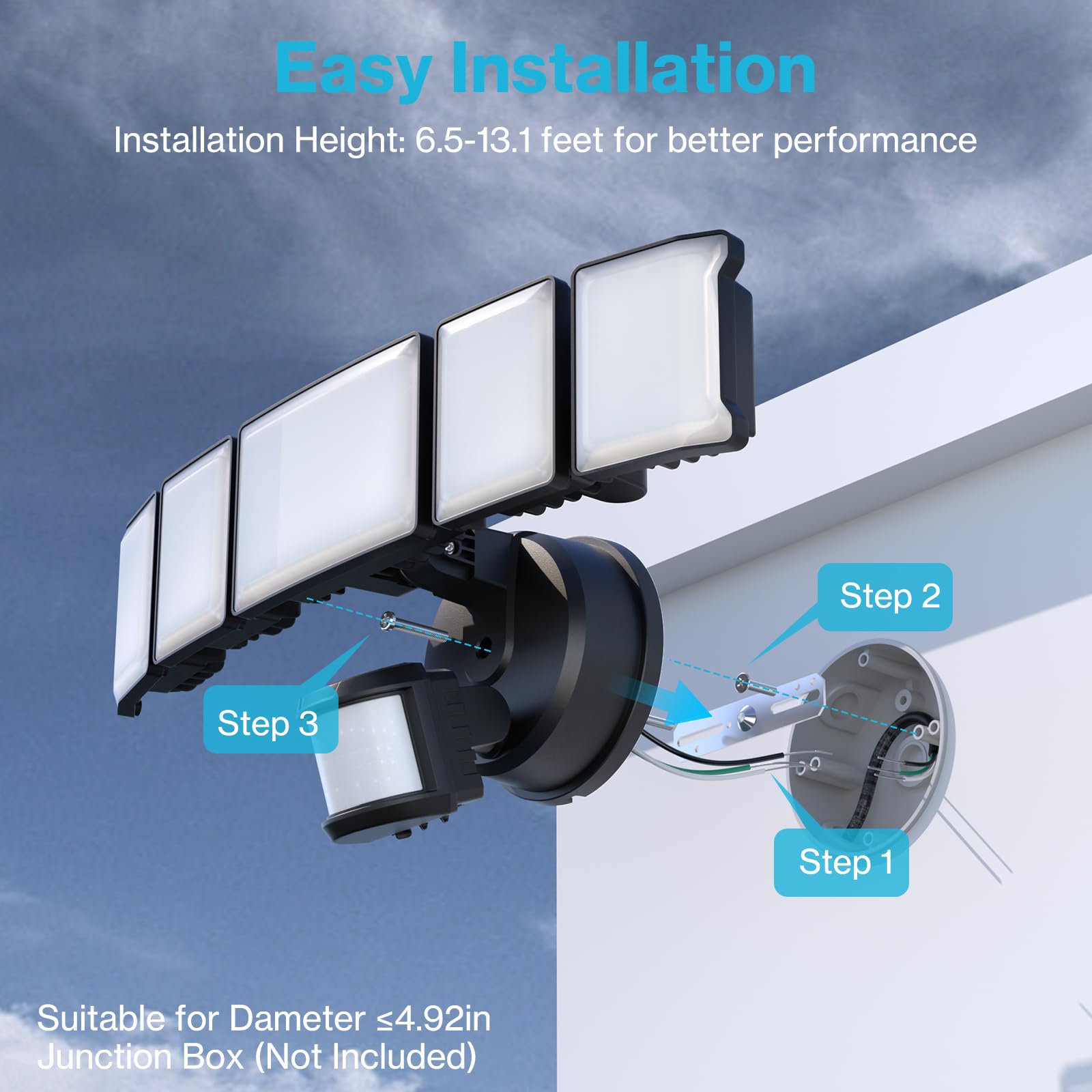 Olafus 130W motion sensor outdoor light features five adjustable heads for full coverage