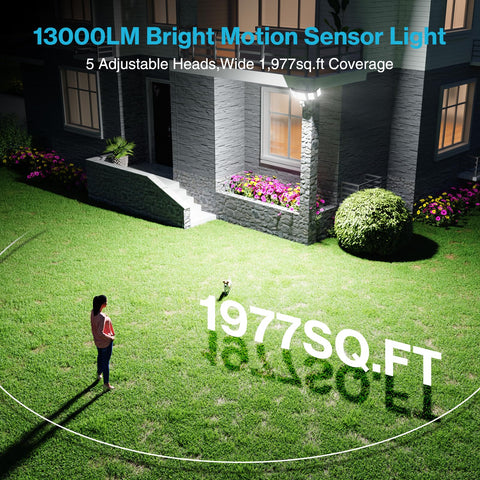 Olafus 130W motion sensor outdoor light side angle highlights wall mounting ease.