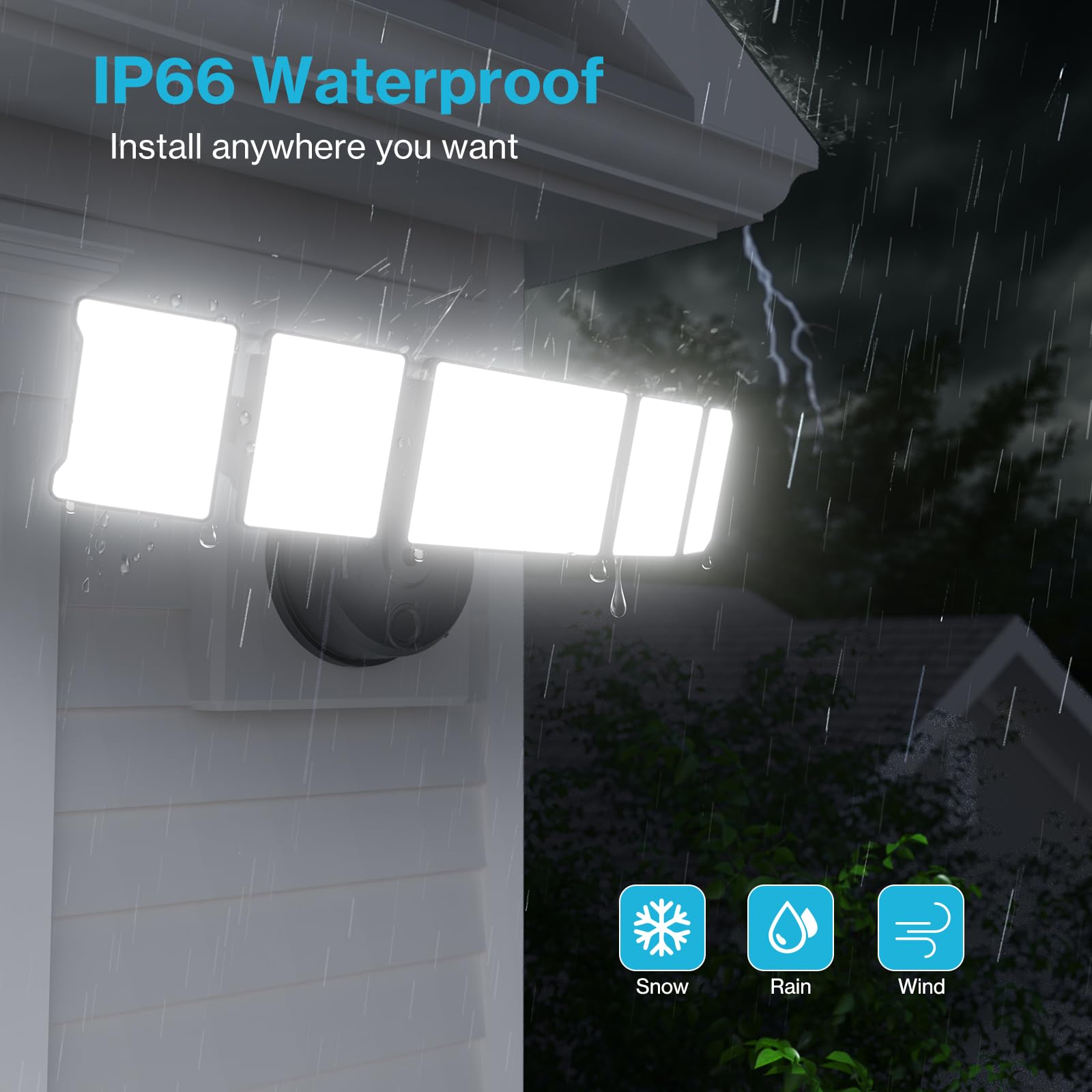 Olafus 130W flood light positioned near a garage for security.