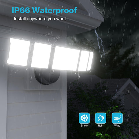 Olafus 130W flood light positioned near a garage for security.