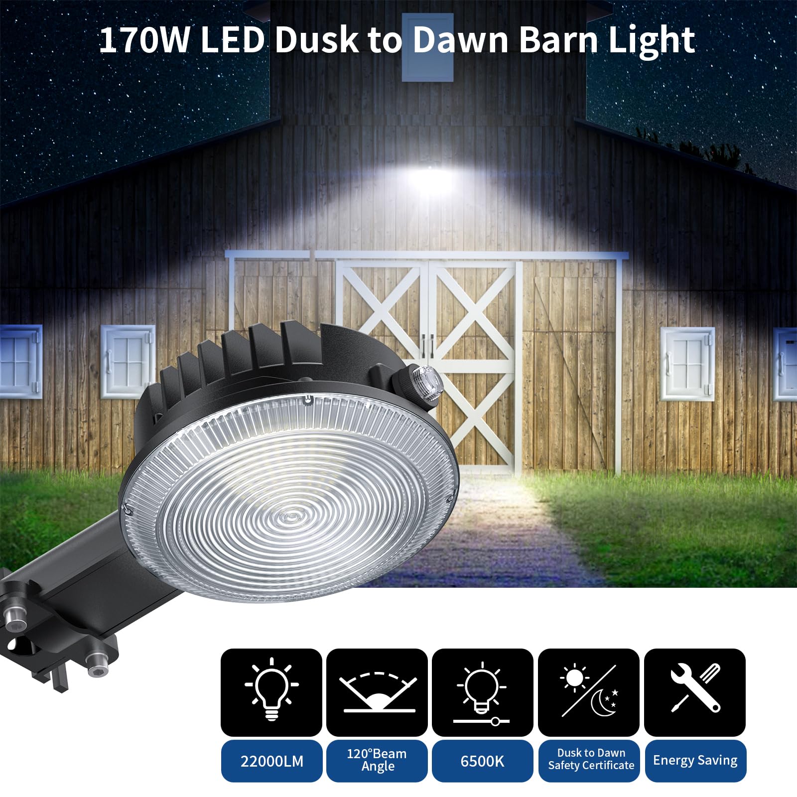 Olafus 170W LED barn light side angle showing even light distribution for yards.