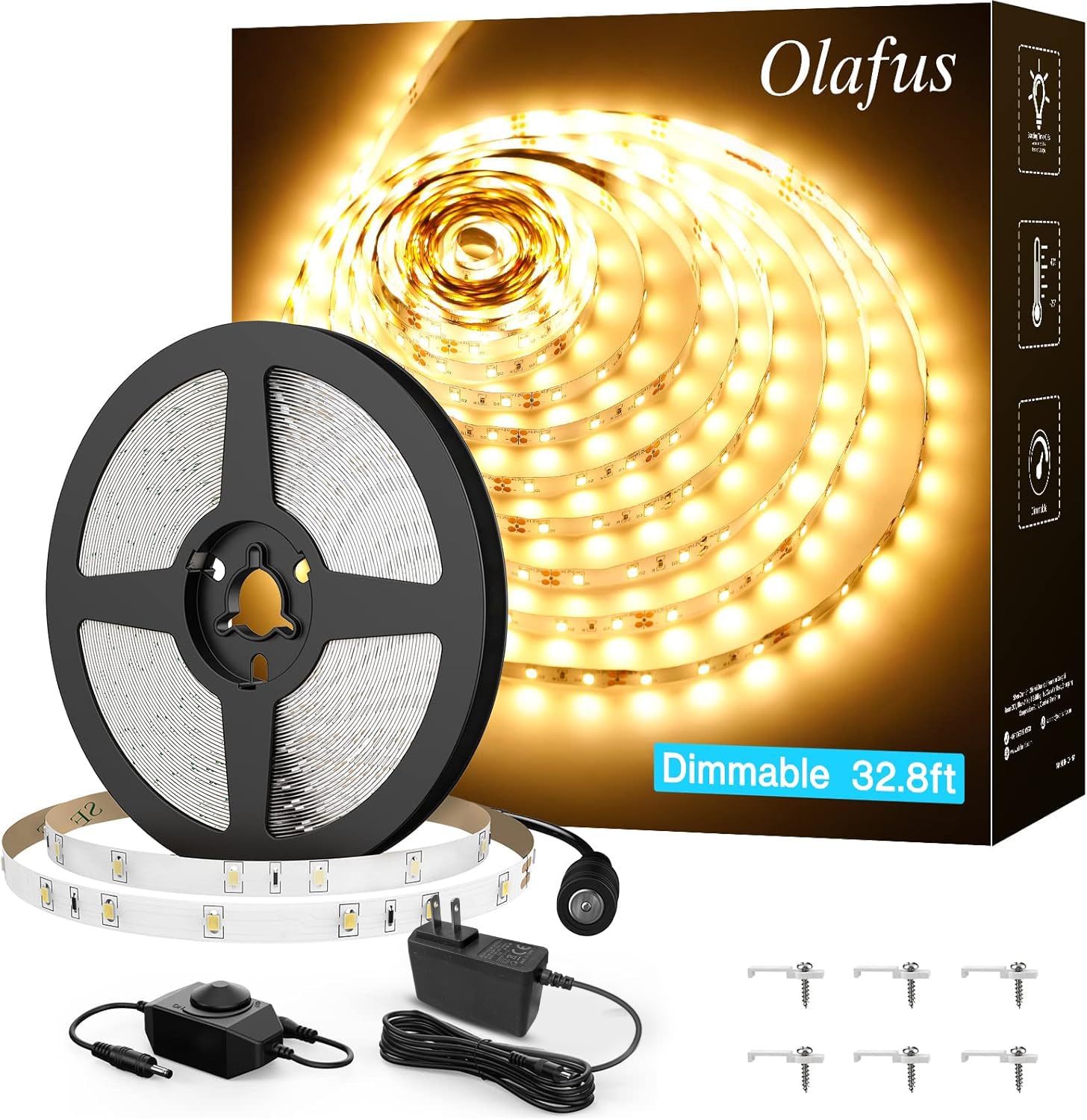 Olafus 32-8ft LED strip close-up shows warm white LEDs for even ambient light