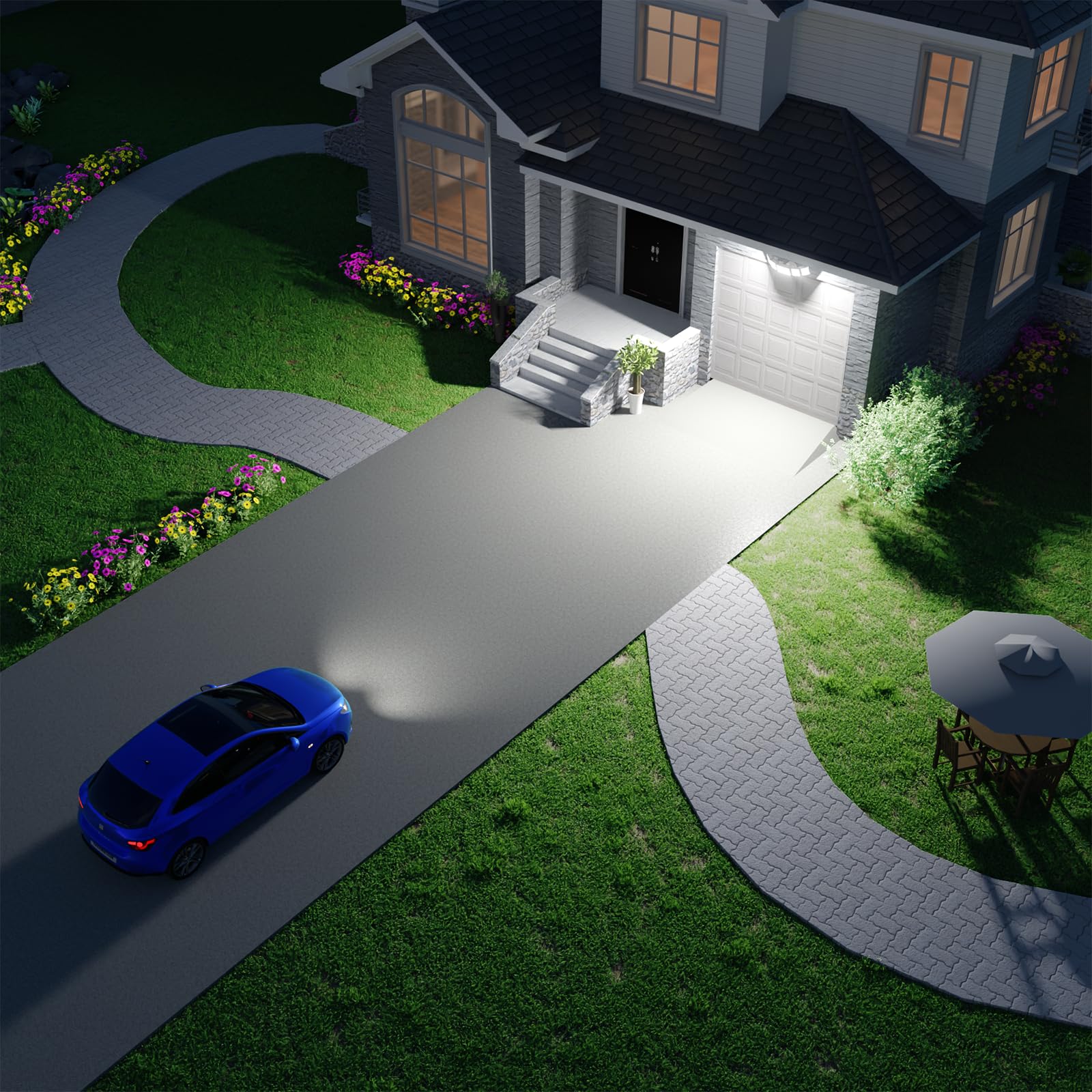 Olafus black outdoor flood light blending with exterior walls.
