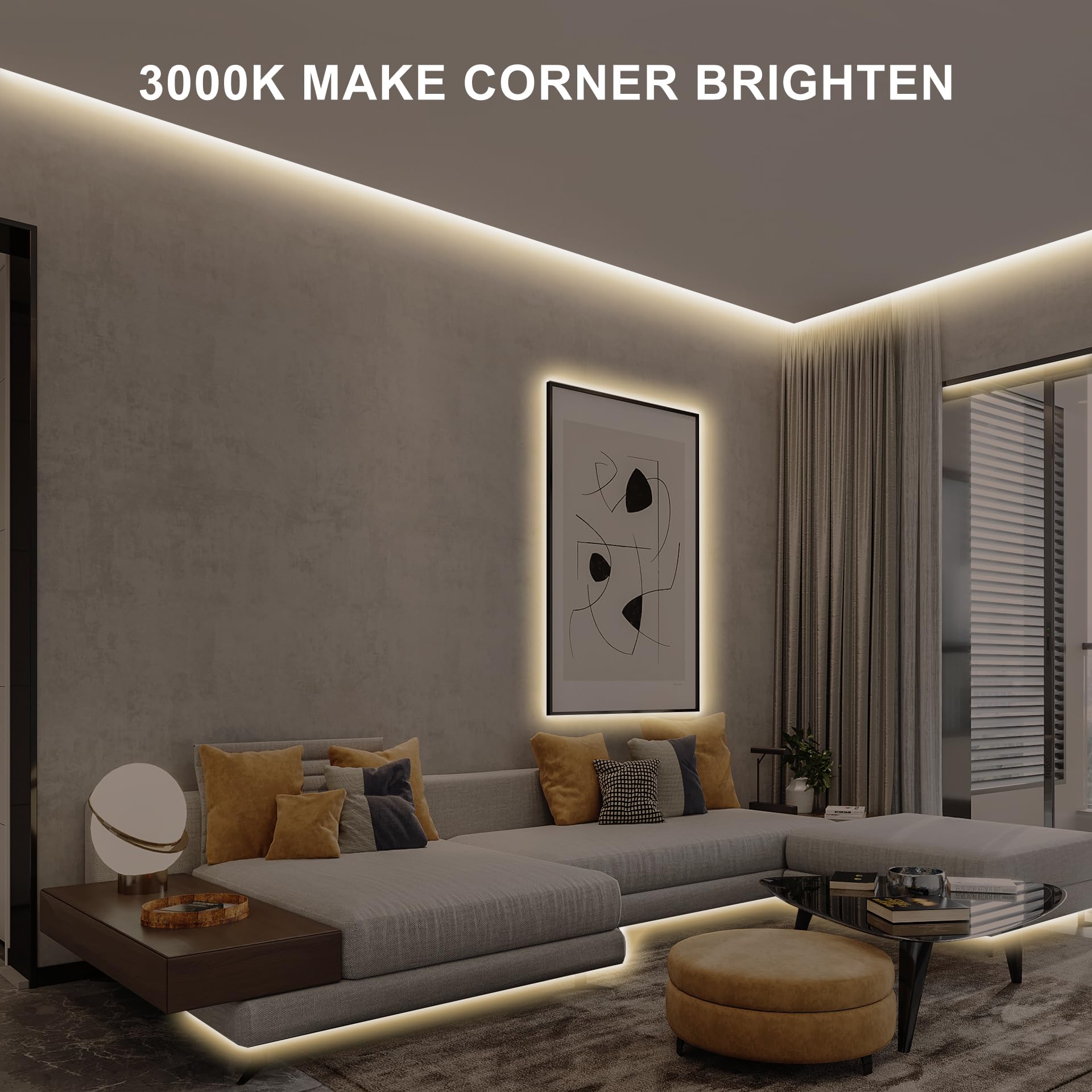 Olaholii 16.4ft COB strip delivers even warm white light across large areas.