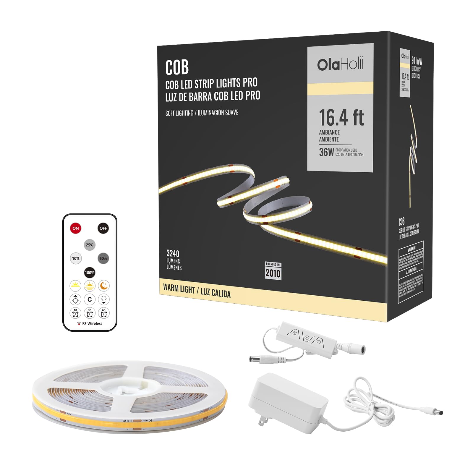 Olaholii COB LED strip with remote for adjustable brightness and scene setup.