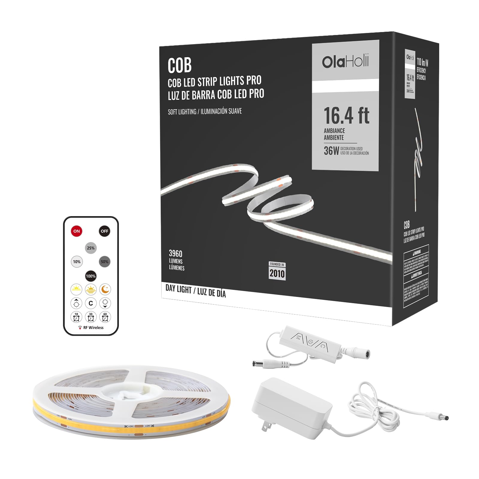 Olaholii COB LED strip with remote control for smooth dimming and scene setup.