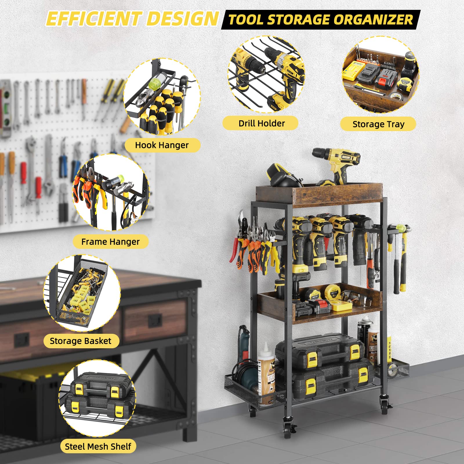 Olakee bottom mesh shelf provides sturdy storage for bulky garage items.