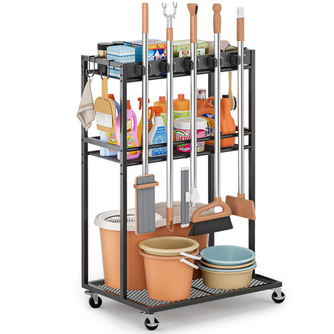 Olakee broom holder with five holders keeps mops organized and ready to grab