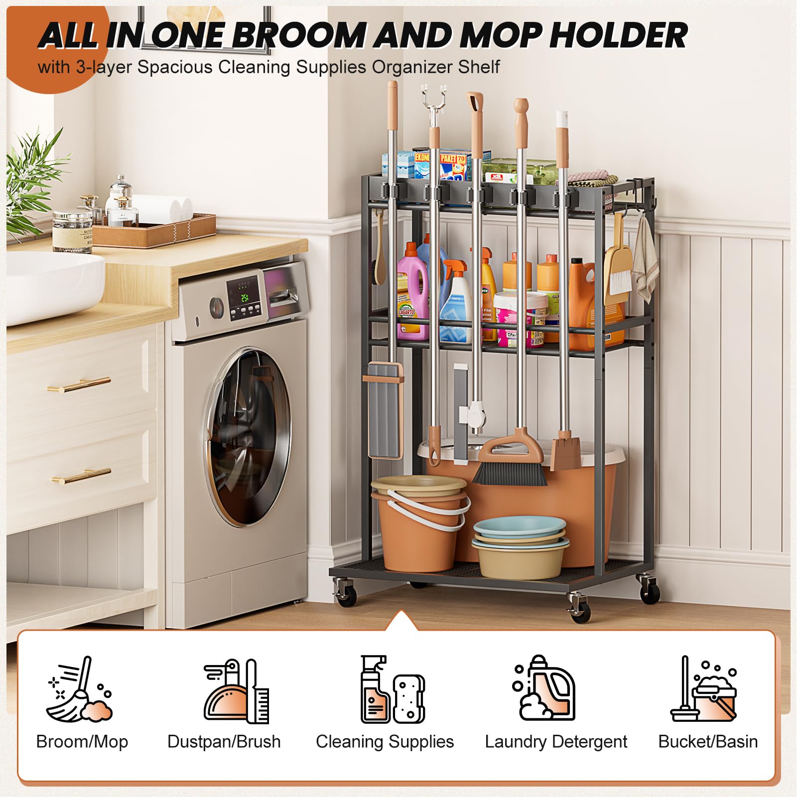 Olakee broom closet organizer with six side hooks for brushes and gloves
