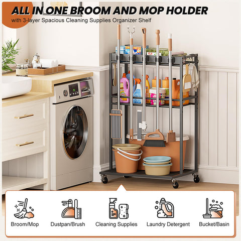 Olakee broom closet organizer with six side hooks for brushes and gloves
