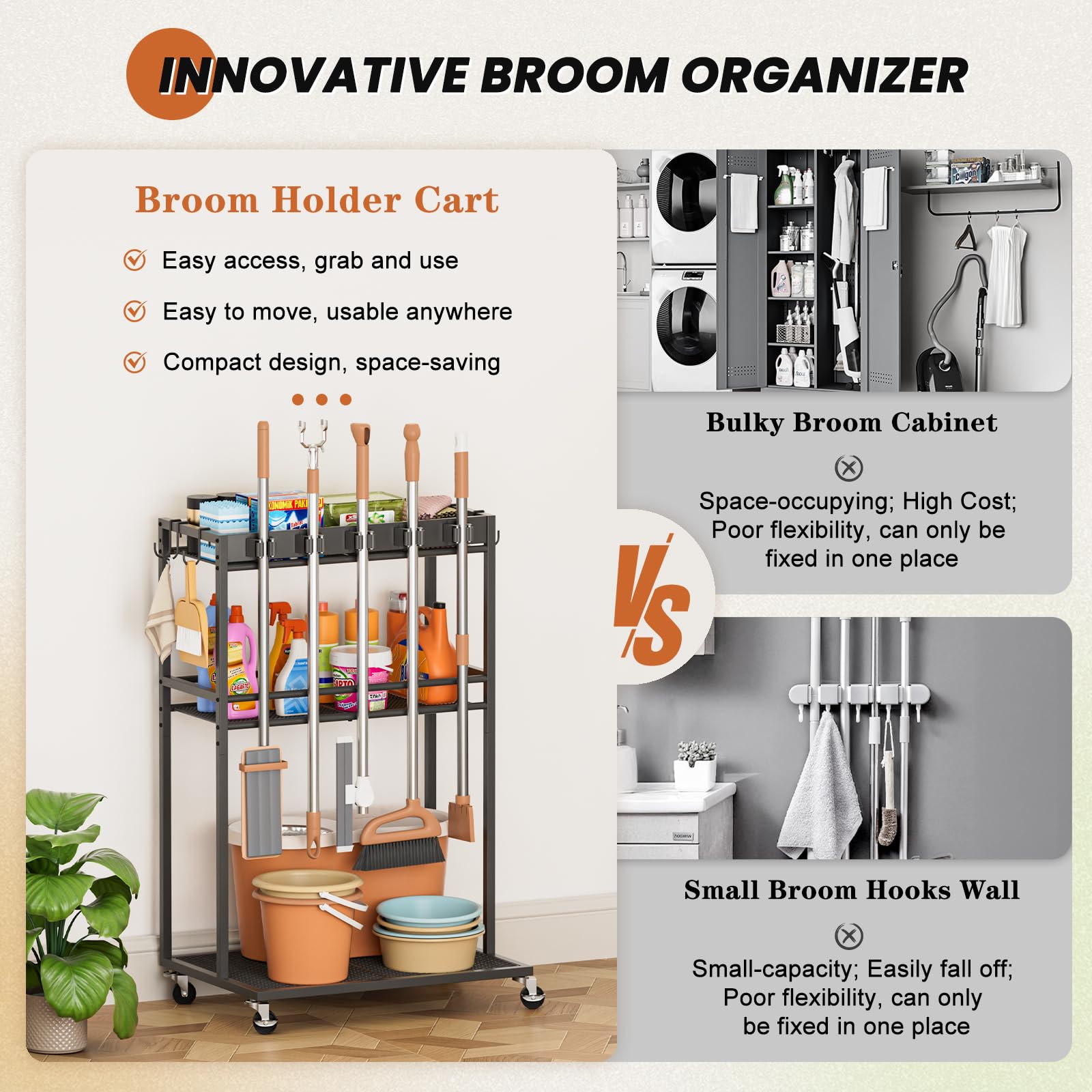 Olakee quick-assembly broom organizer with clear instructions