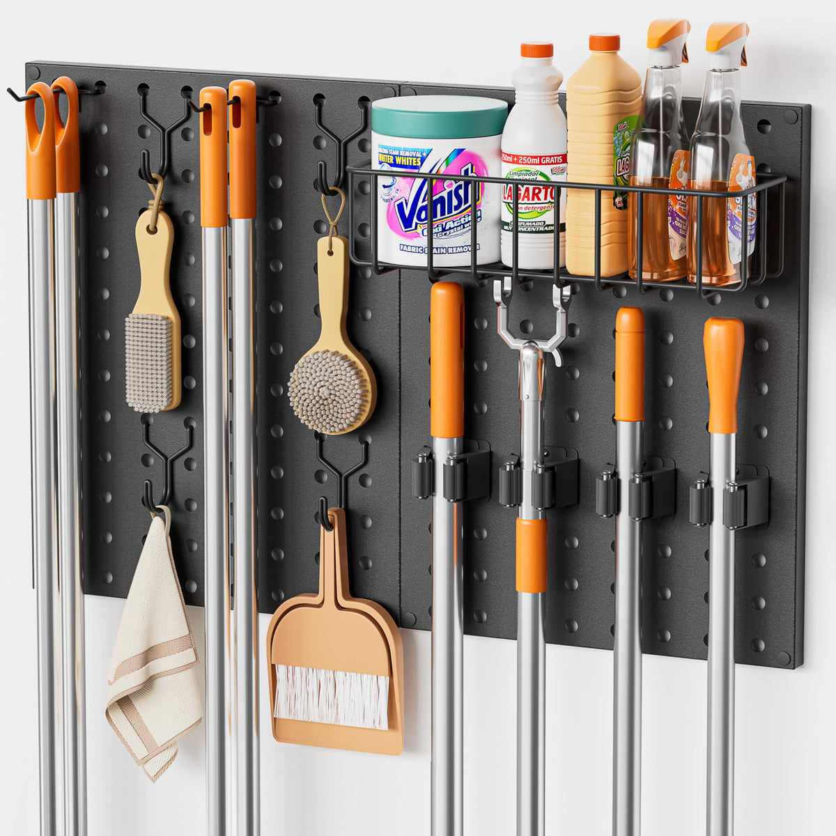 Olakee broom holder wall mount with clips keeps cleaning tools neatly organized