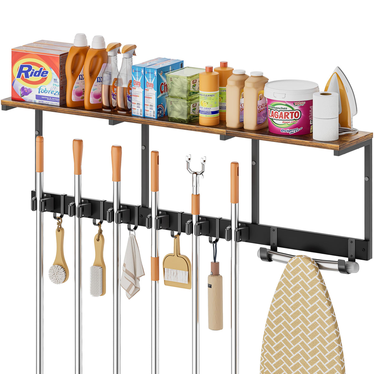 Olakee broom holder wall mount assembly shows space-saving design for easy tool access