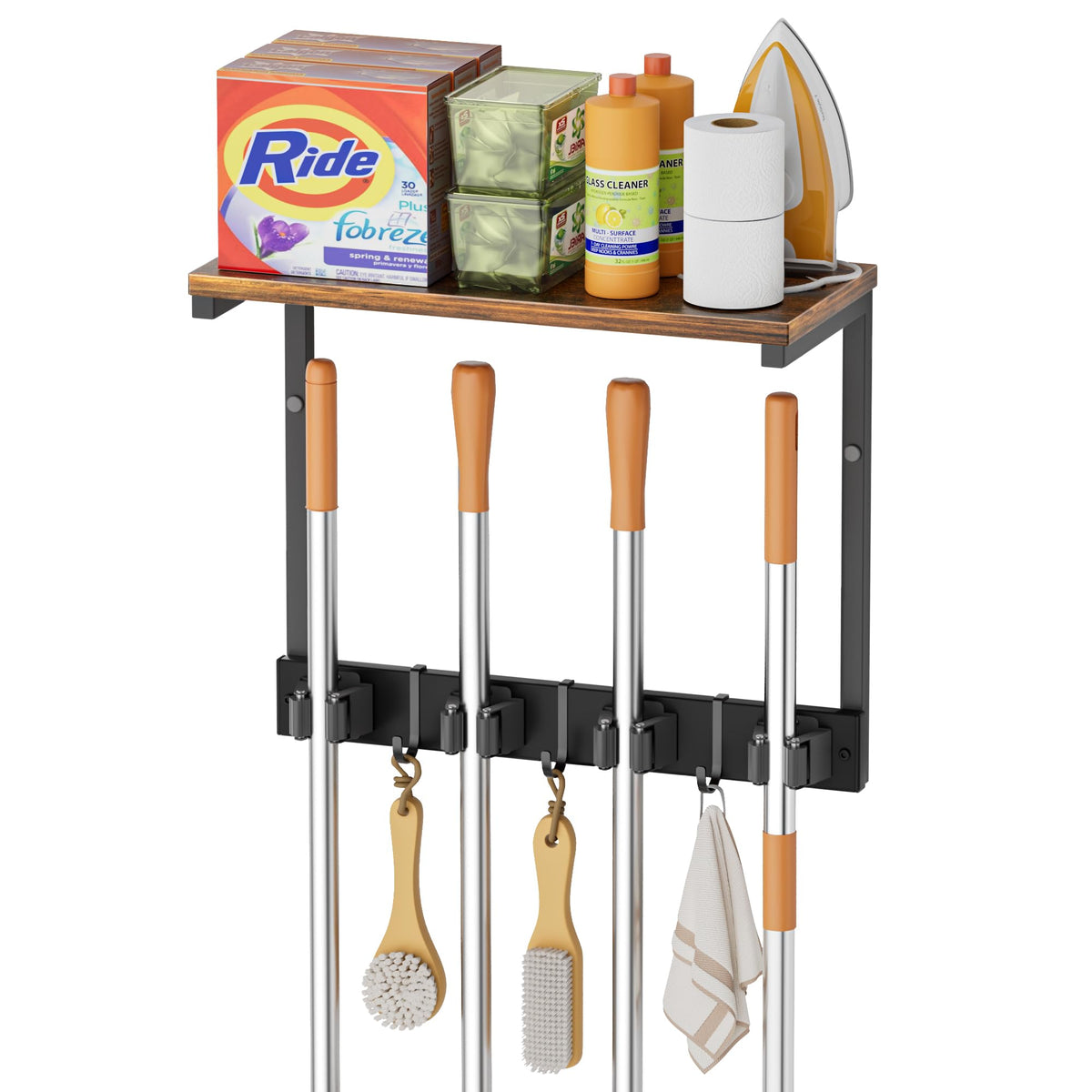 Olakee broom holder wall mount with shelf keeps brooms accessible off the floor.