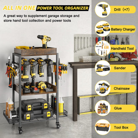 Olakee drill organizer rack with middle shelf stores drills neatly for quick access.