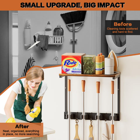 Olakee laundry room shelf adds extra space for detergents and sprays.