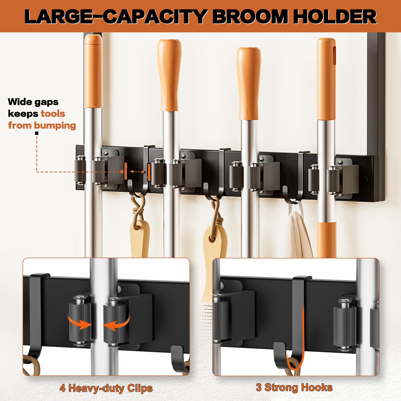 Olakee mop and broom storage clips secure tools without slipping during use.