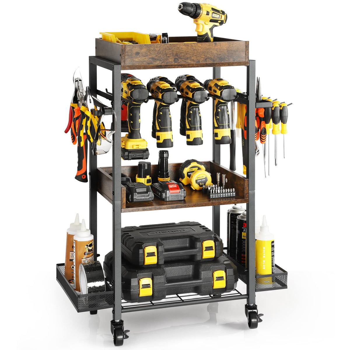 Olakee power tool organizer rolling cart keeps tools mobile and organized.