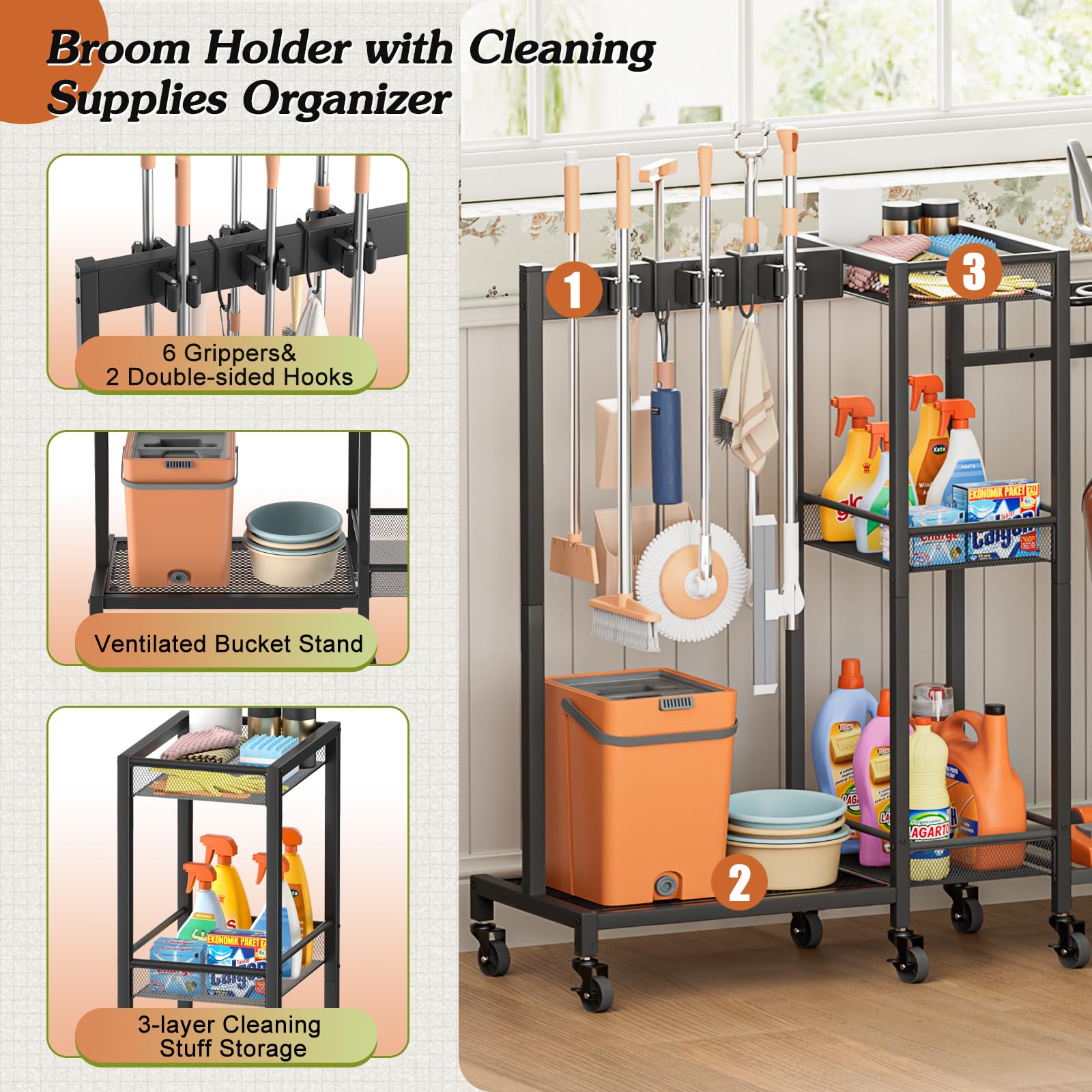 Olakee rolling cleaning cart wheels moves smoothly between rooms for efficient cleaning