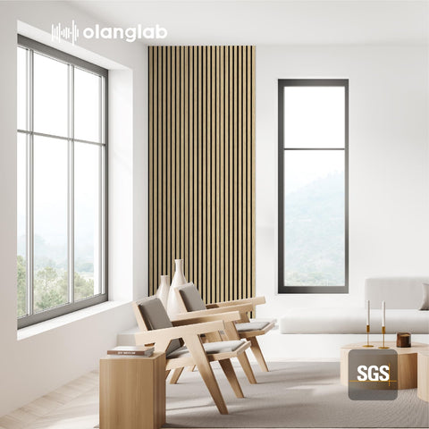 Olanglab conference room setup using slat panels for improved acoustics.