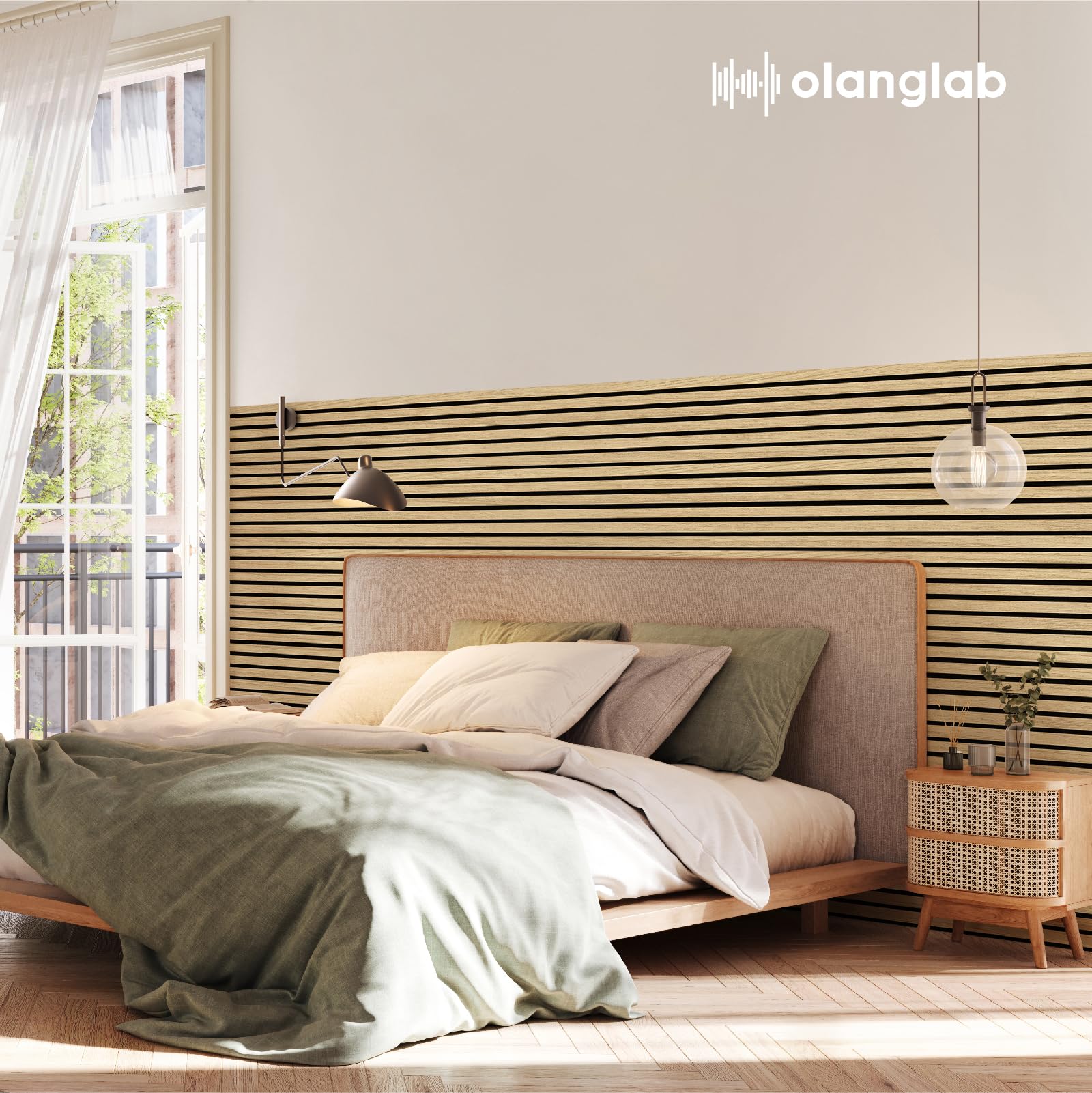 Olanglab music studio setup with wood slats for controlled reverberation.