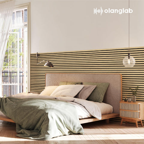 Olanglab music studio setup with wood slats for controlled reverberation.