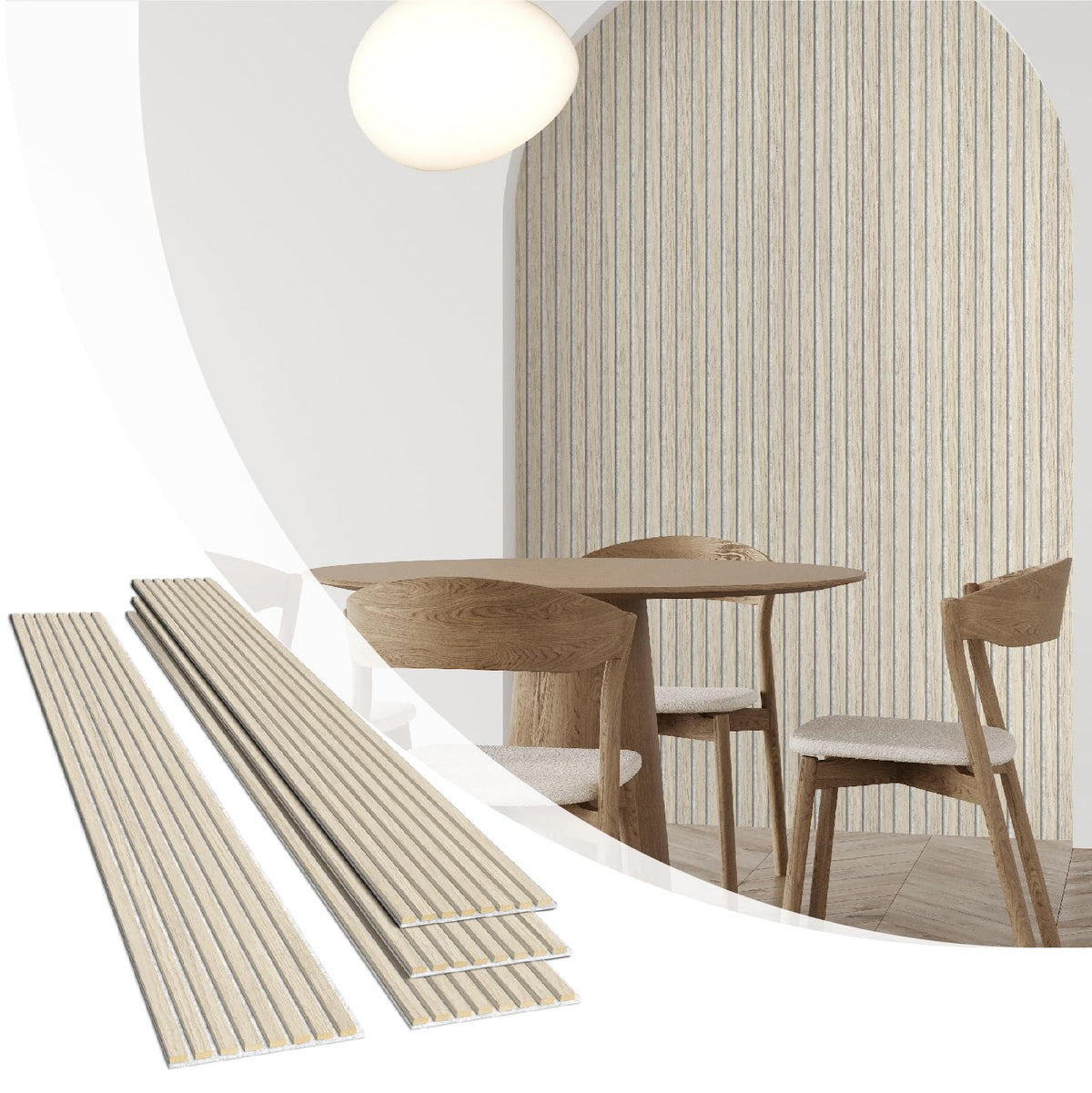 Olanglab wood slat wall panel in light oak with grey felt texture enhances warmth and acoustics.