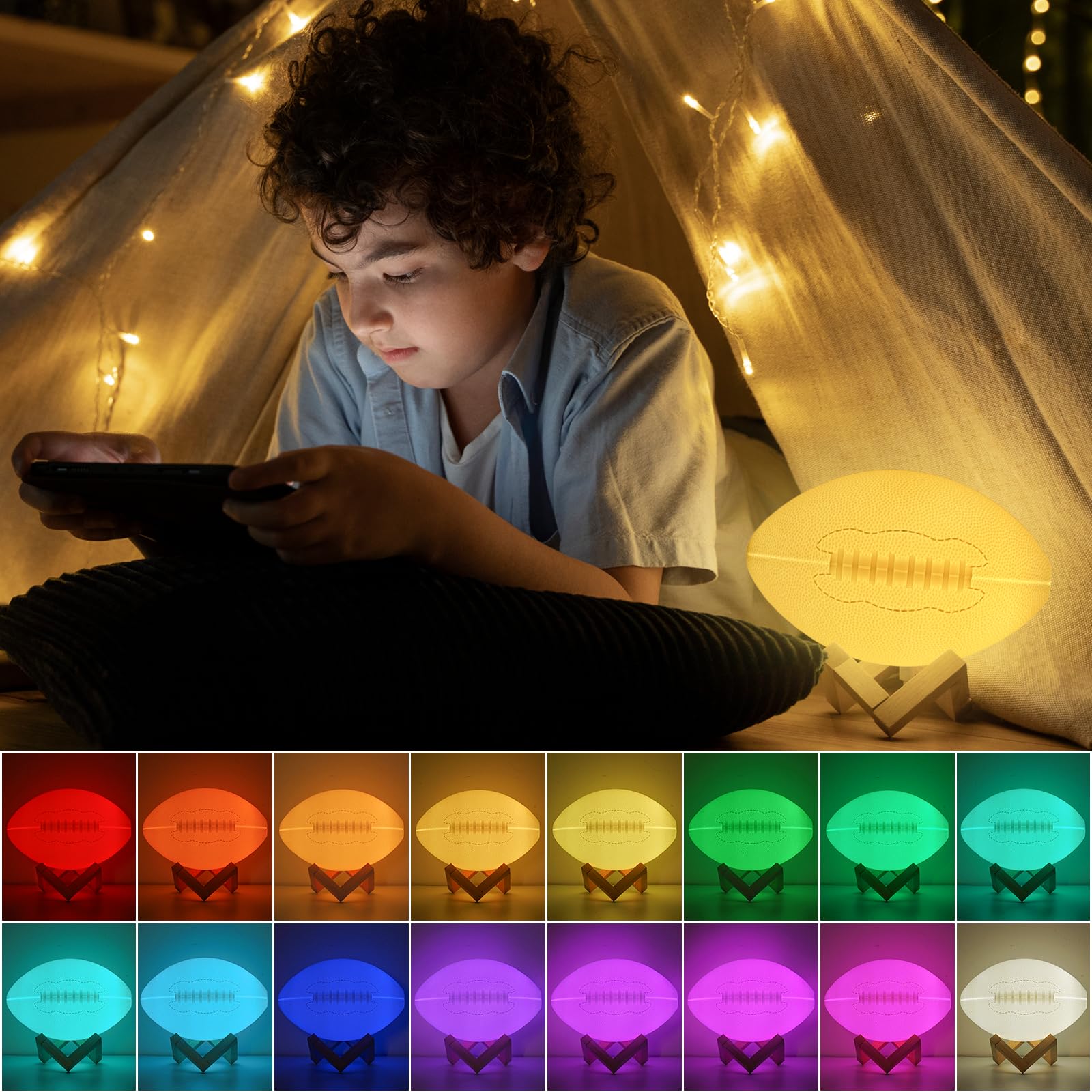 Olee Odee football night light displays dynamic effects for playroom fun.