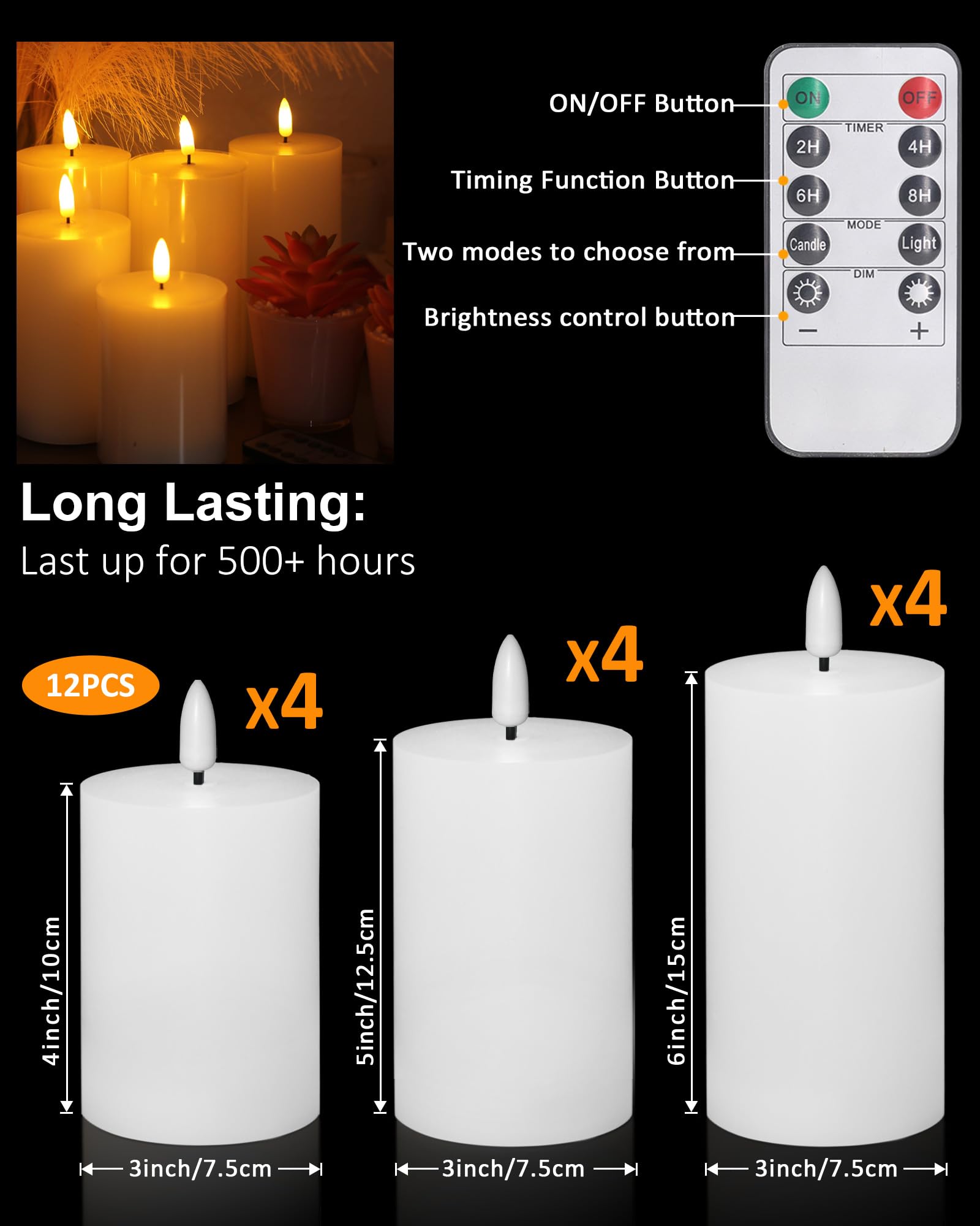 Oleitodh flameless candle with 3-inch diameter and 5-inch height, versatile centerpiece glow.