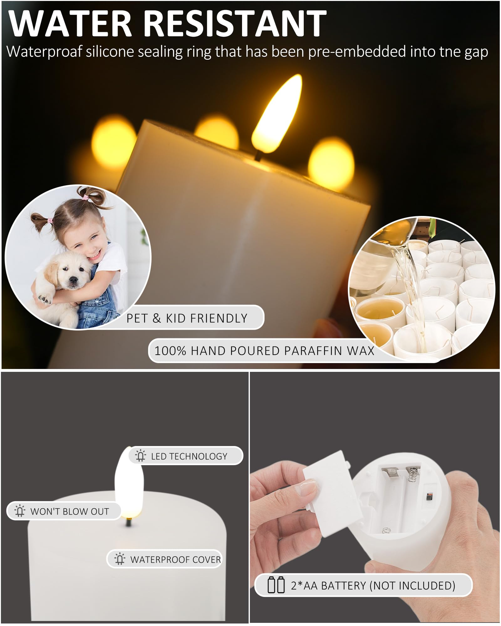 Oleitodh flameless candle with 3-inch diameter and 6-inch height, extended candlelight ambiance.