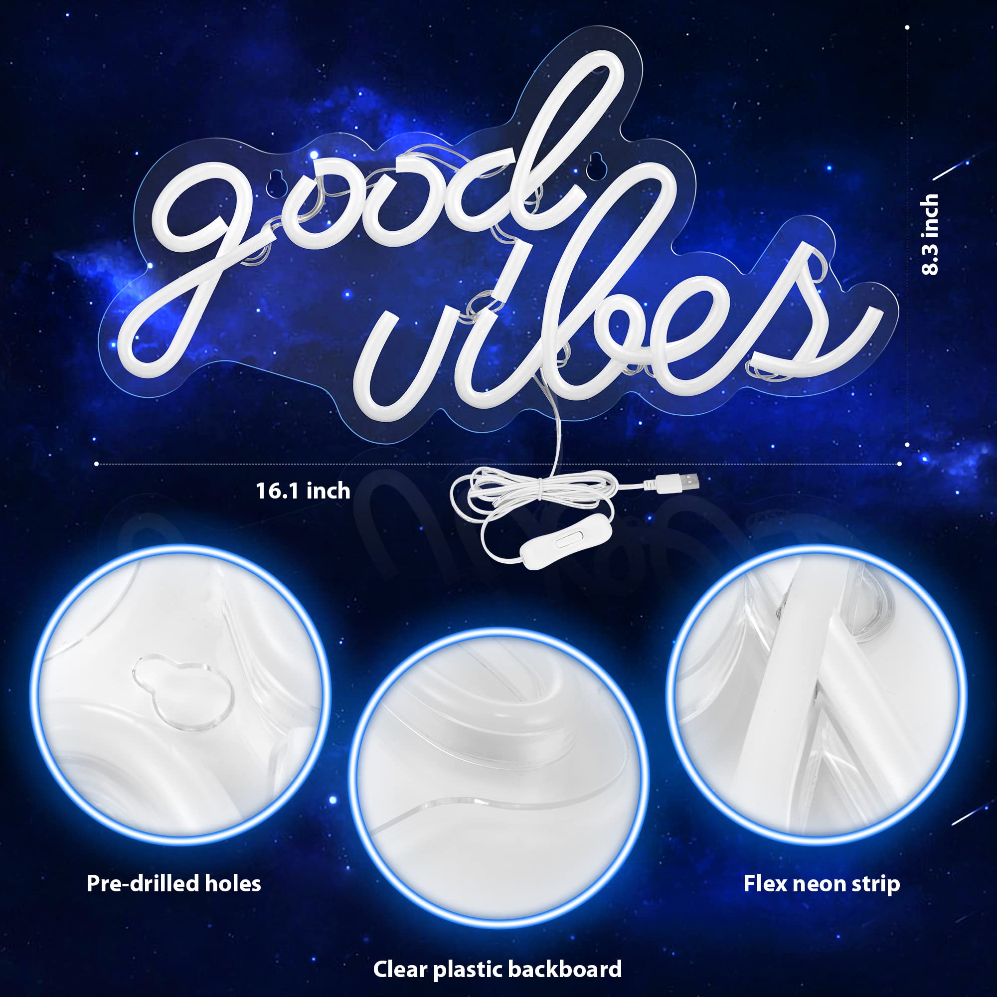 Olekki blue good vibes neon sign mounted on clear backboard for easy hanging