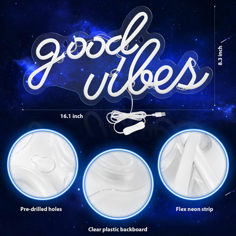 Olekki blue good vibes neon sign mounted on clear backboard for easy hanging