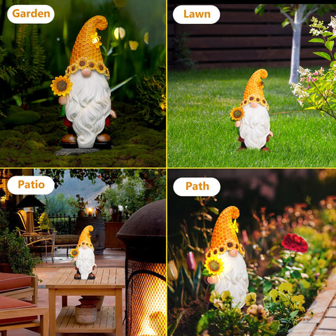 Olekki sunflower gnome casts a soft glow for backyard ambience