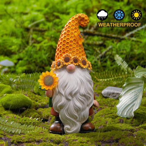 Olekki garden gnome with sunflower detail stands up to weather