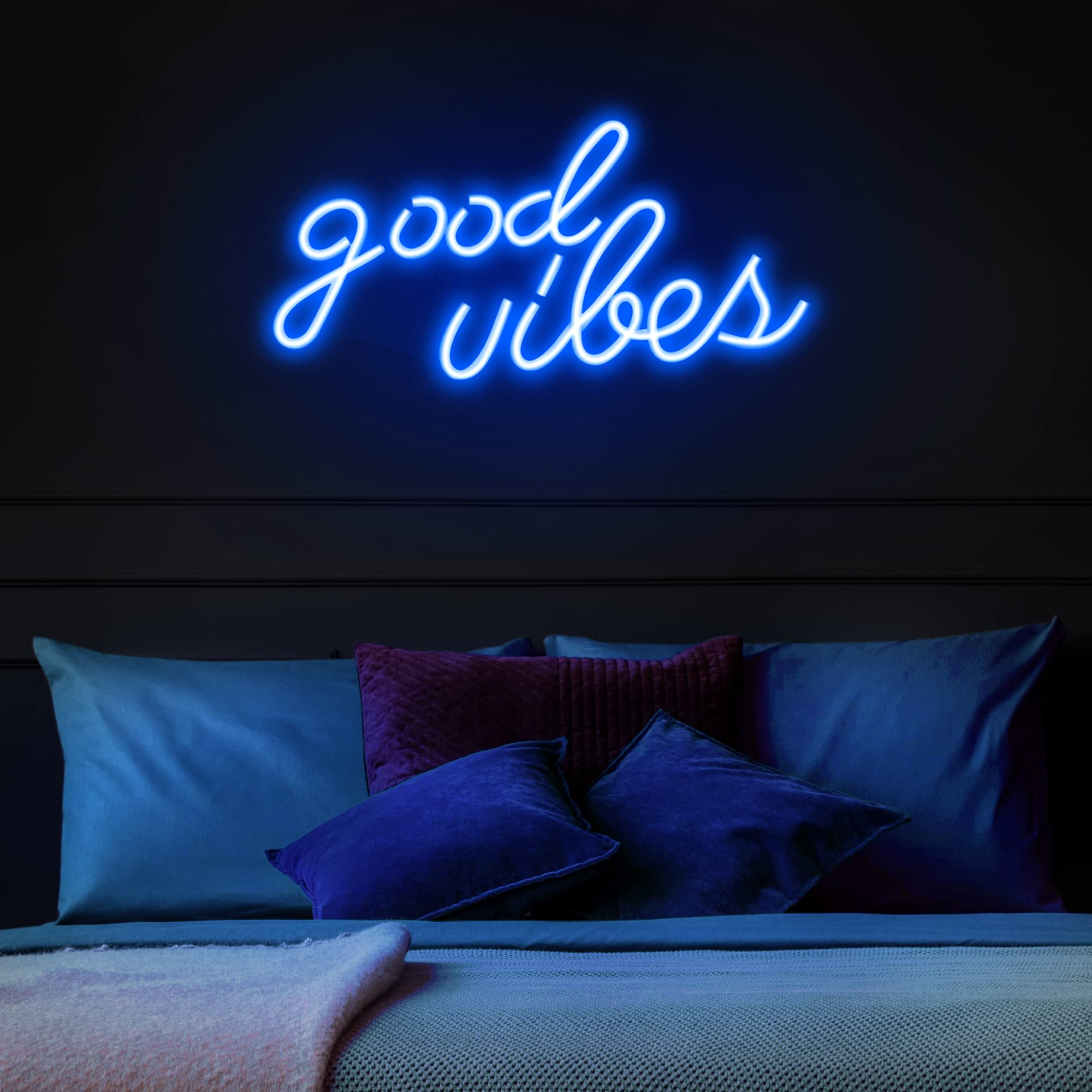 Olekki LED blue neon good vibes close-up highlights safe-to-touch durability