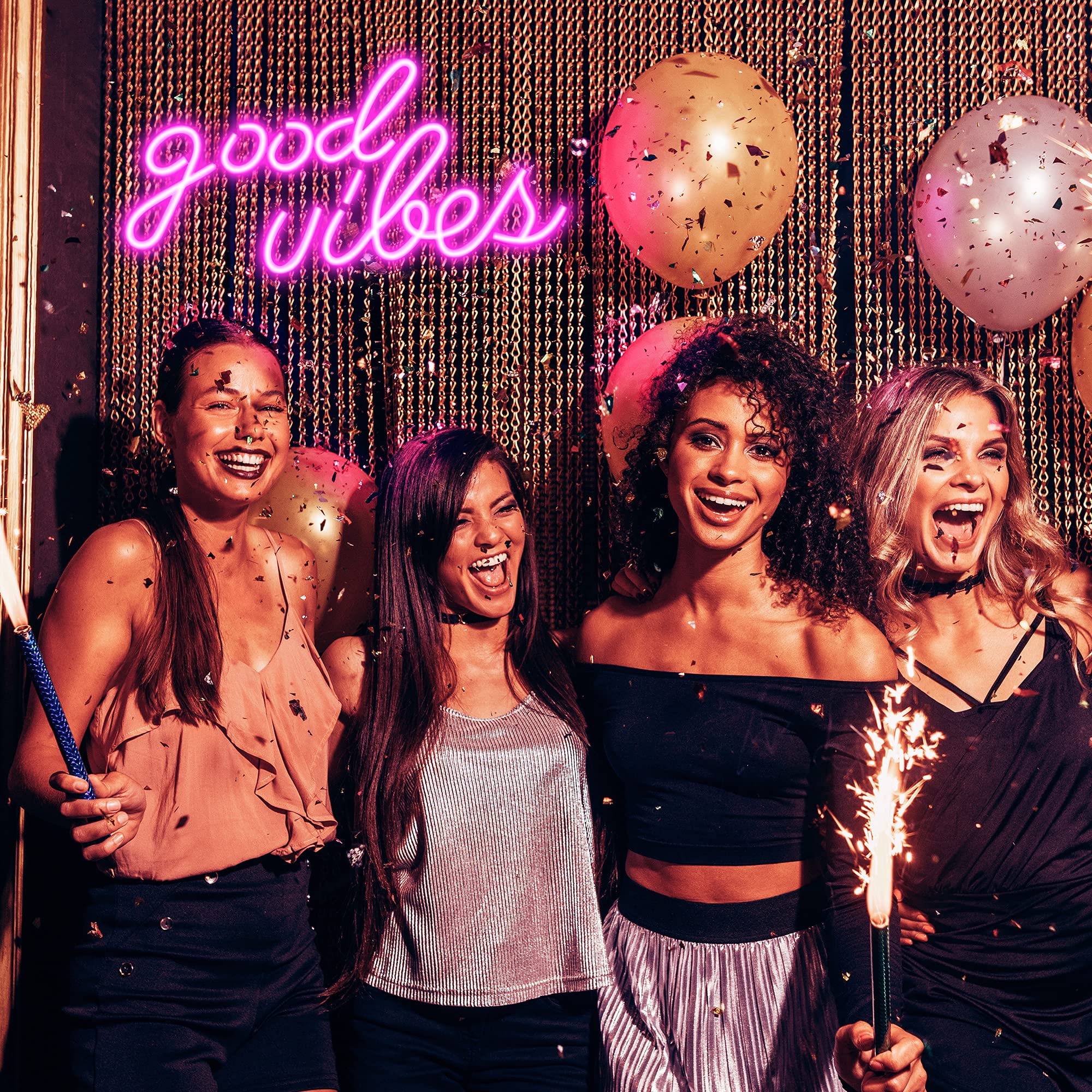 Olekki Pink Good Vibes neon sign features clear backing for simple installation.