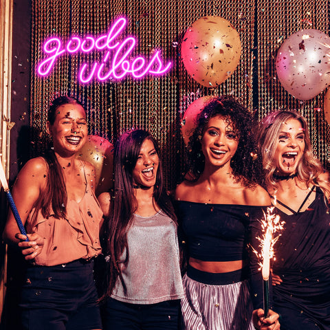 Olekki Pink Good Vibes neon sign features clear backing for simple installation.