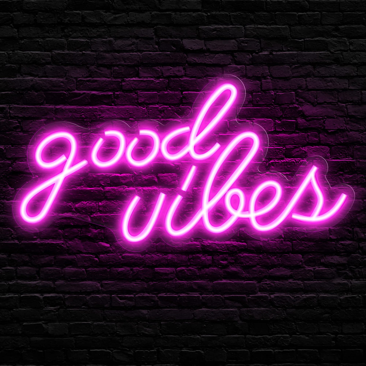 Olekki Pink Good Vibes neon sign mounted on wall for vibrant bedroom ambiance.