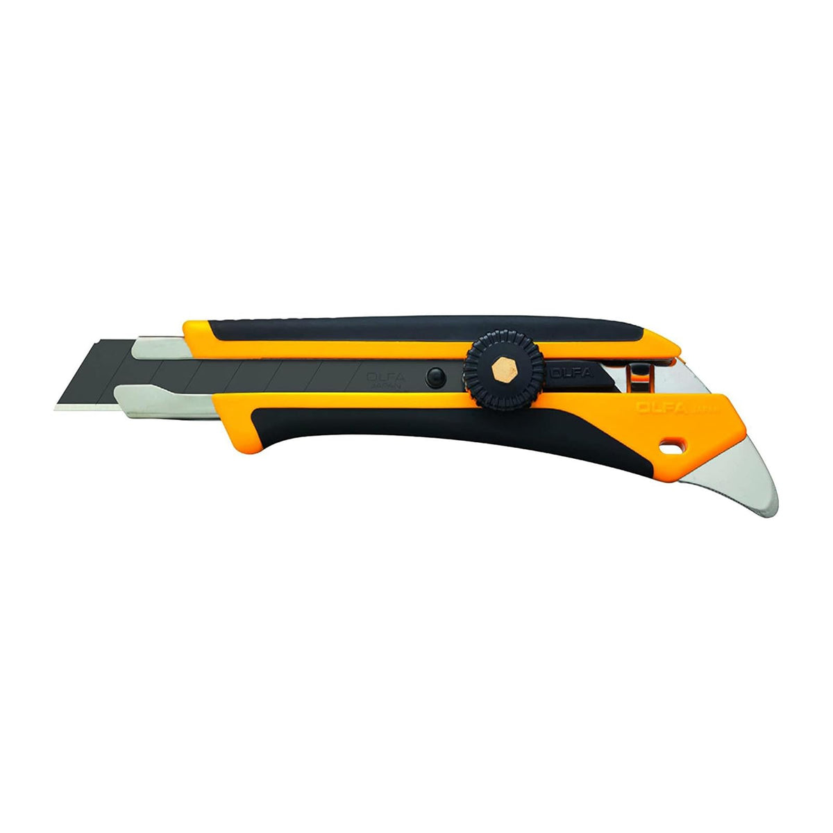 OLFA 18mm heavy-duty utility knife in action with precise drywall cuts and roofing tasks