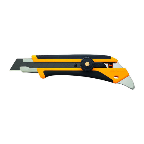 OLFA 18mm heavy-duty utility knife in action with precise drywall cuts and roofing tasks