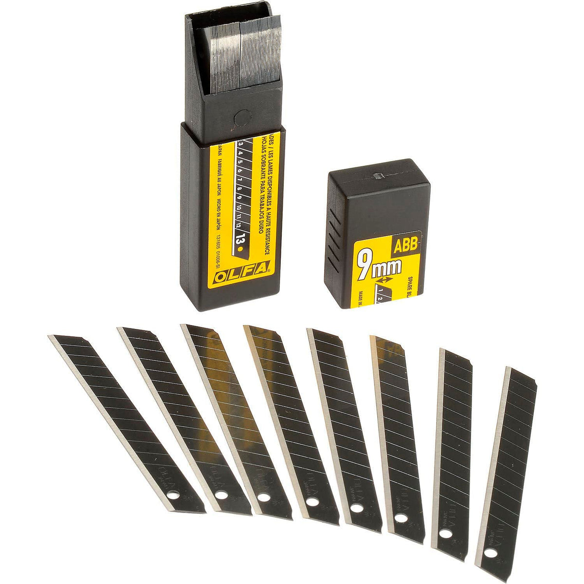 OLFA 9mm snap-off blades pack offering long-lasting edge for cardboard cuts.