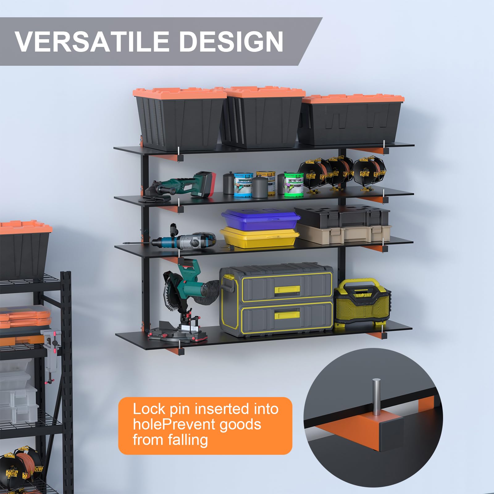 Olgsibb adjustable-height lumber rack adapts to different item sizes.