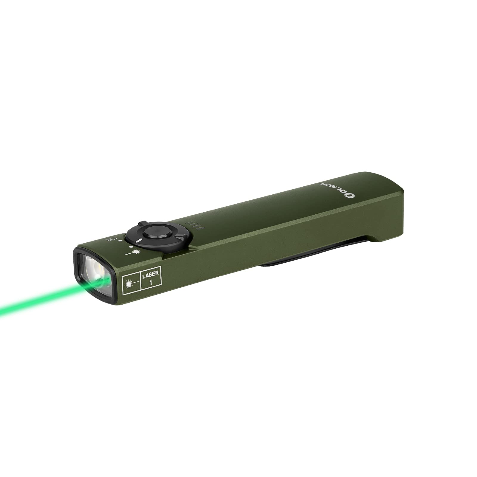OLIGHT Arkfeld EDC flat flashlight front view shows compact carry with pocket clip
