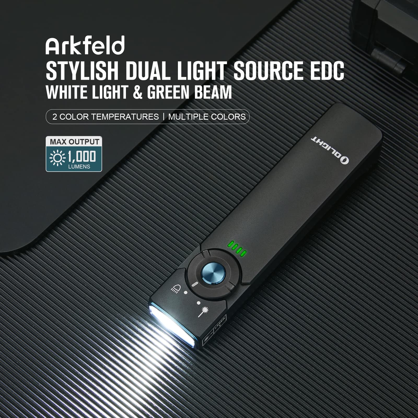 Green beam on OLIGHT Arkfeld for safe signaling during outdoor activities.