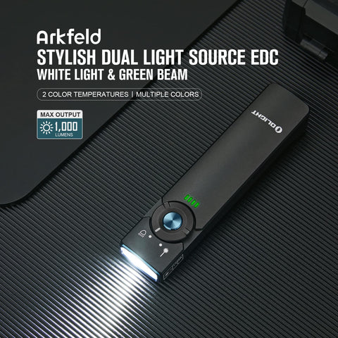 Green beam on OLIGHT Arkfeld for safe signaling during outdoor activities.