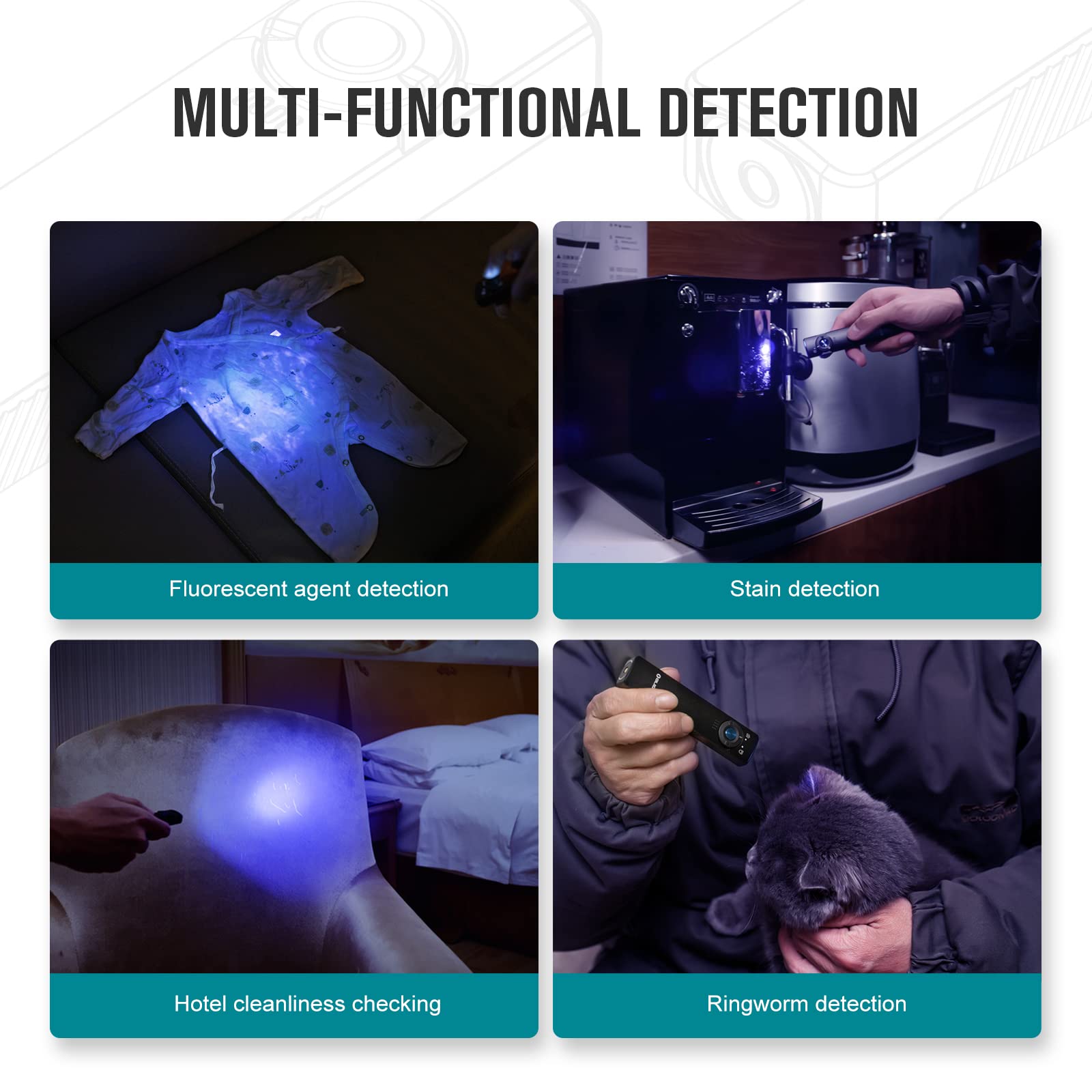 OLIGHT Arkfeld UV beam at 365nm illustrating stain detection and fluorescence tasks