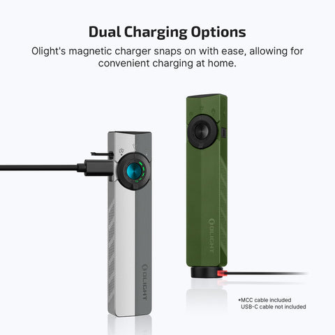 OLIGHT ArkPro dual USB-C and magnetic dock charging for quick top-ups