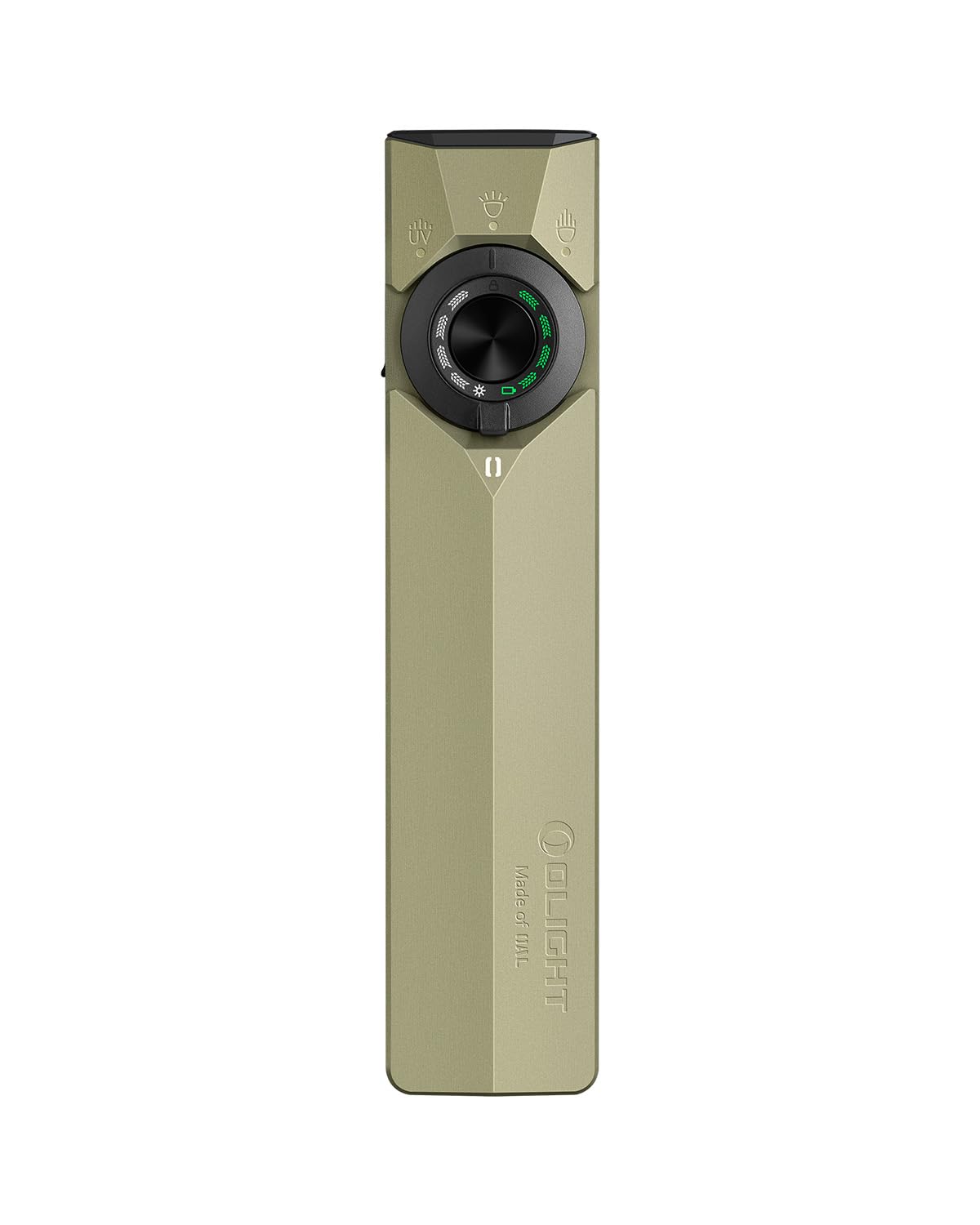 OLIGHT ArkPro Ultra olive green flashlight front view, compact and ready for everyday carry.