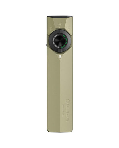 OLIGHT ArkPro Ultra olive green flashlight front view, compact and ready for everyday carry.