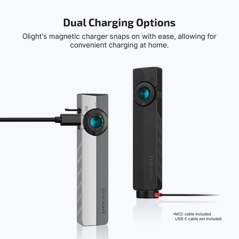 OLIGHT ArkPro USB-C charging with magnetic dock for flexible power options.